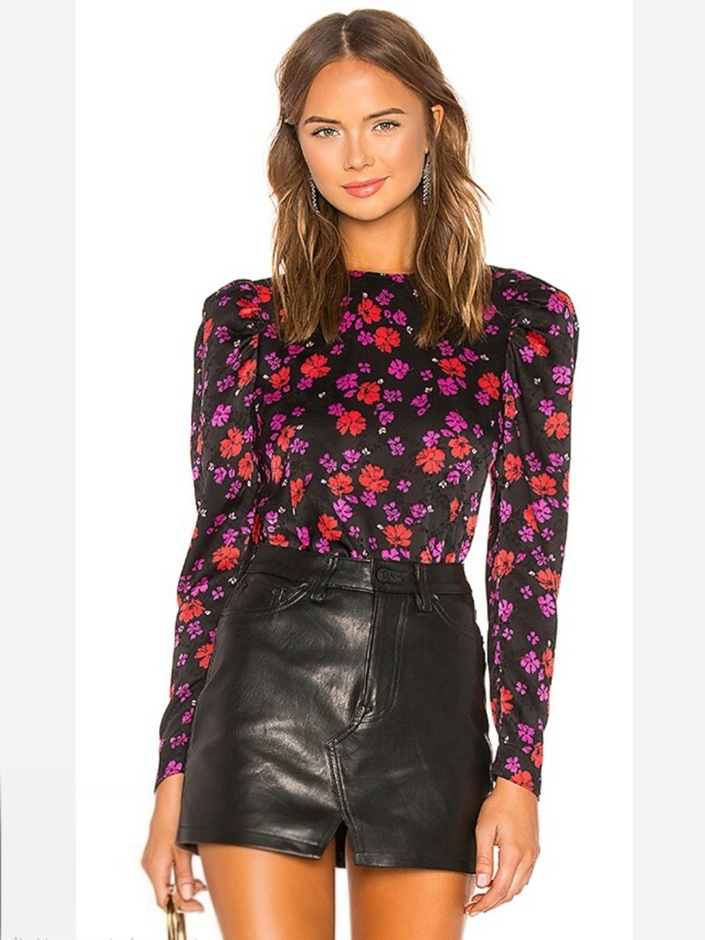 L'Academie Black Blouse with  Pink & Red Floral Print